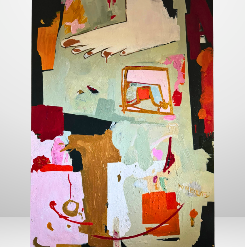 Abstract acrylic on canvas painting by artist Meena Marzano titled A Colorful Walk In Her Shoes