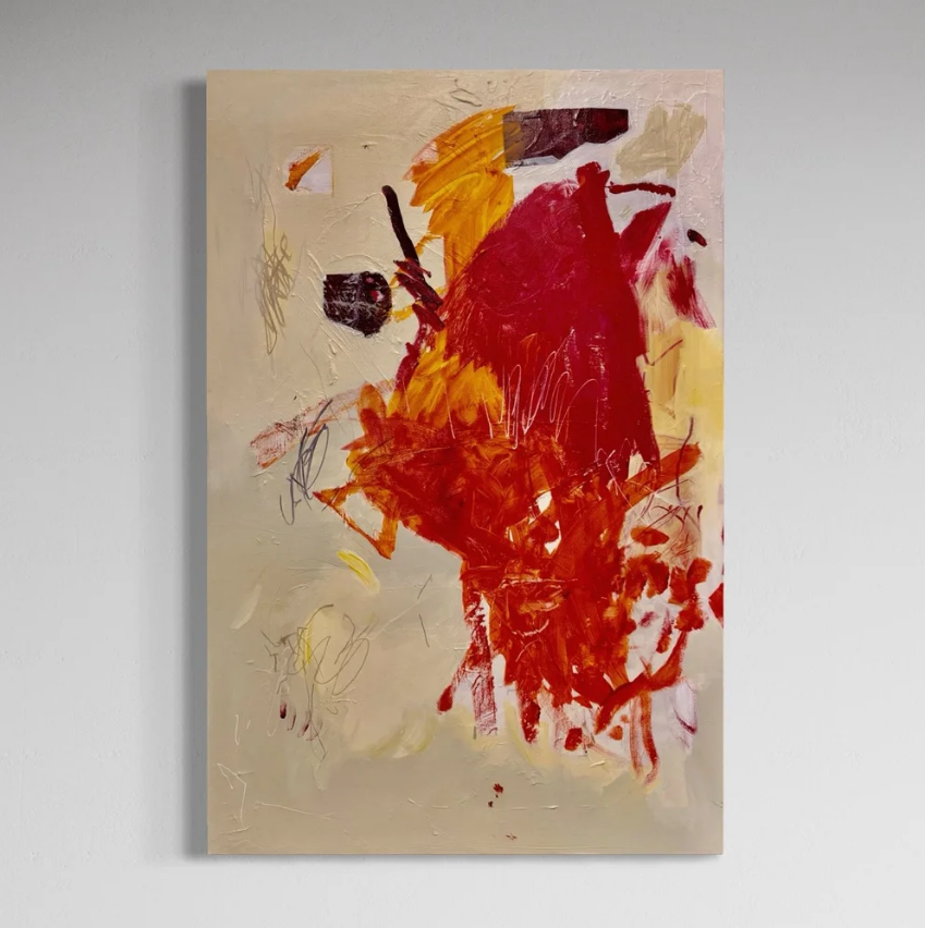 Abstract acrylic on canvas painting by artist Meena Marzano titled A Fire Contained