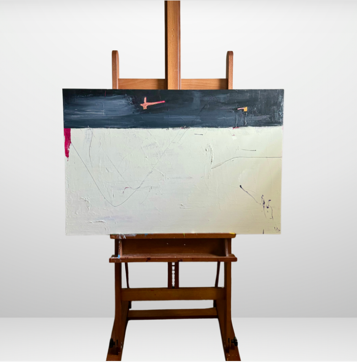Abstract painting by Meena Marzano displayed on a wooden easel, featuring a charcoal-black upper section and textured off-white lower section.