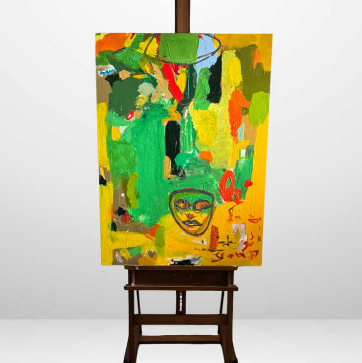 Colorful abstract painting by Meena Marzano featuring vibrant green brushstrokes with yellow, blue and gold accents.
