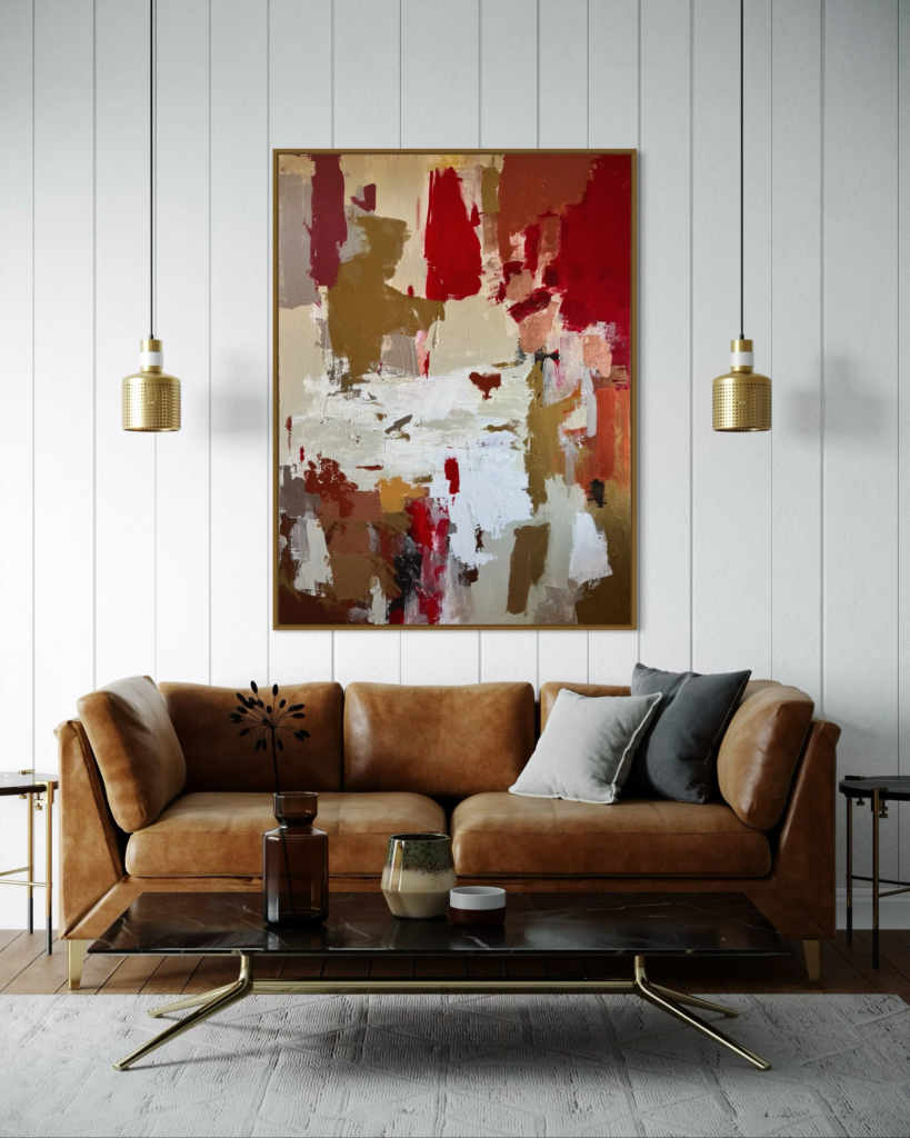 Original painting by Meena Marzano displayed above a sofa in a contemporary living room.