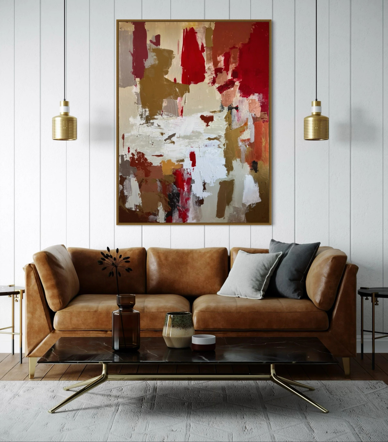 Original painting by Meena Marzano displayed above a sofa in a contemporary living room.